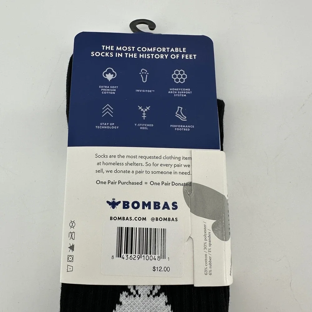 Bombas Calf Socks Black White Stripe Cotton Blend Honeycomb Arch Support NEW
